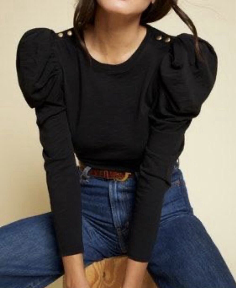 Nation LTD Krista Feminine Party Tee Jet Black Puff Sleeve Buttons XL EUC $161